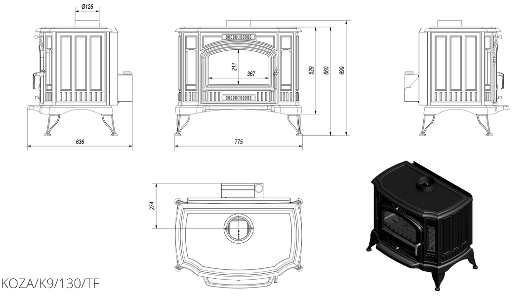 Чугунная печь Kratki KOZA K9 &Oslash; 130 TURBOFAN
